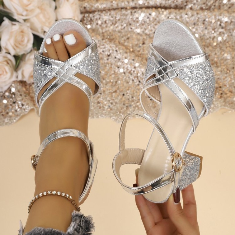 Sandal Strappy Heeled - Kadın Blok Topuklu Sandalet Altın Işıltılı